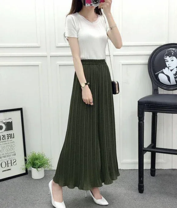 Sommer Neue frauen Hosen Koreanische Mode Feste Elastische Taille Gefaltete Lose Rock Hosen Plus Größe Casual Breite bein abgeschnitten Hosen – Detail 9