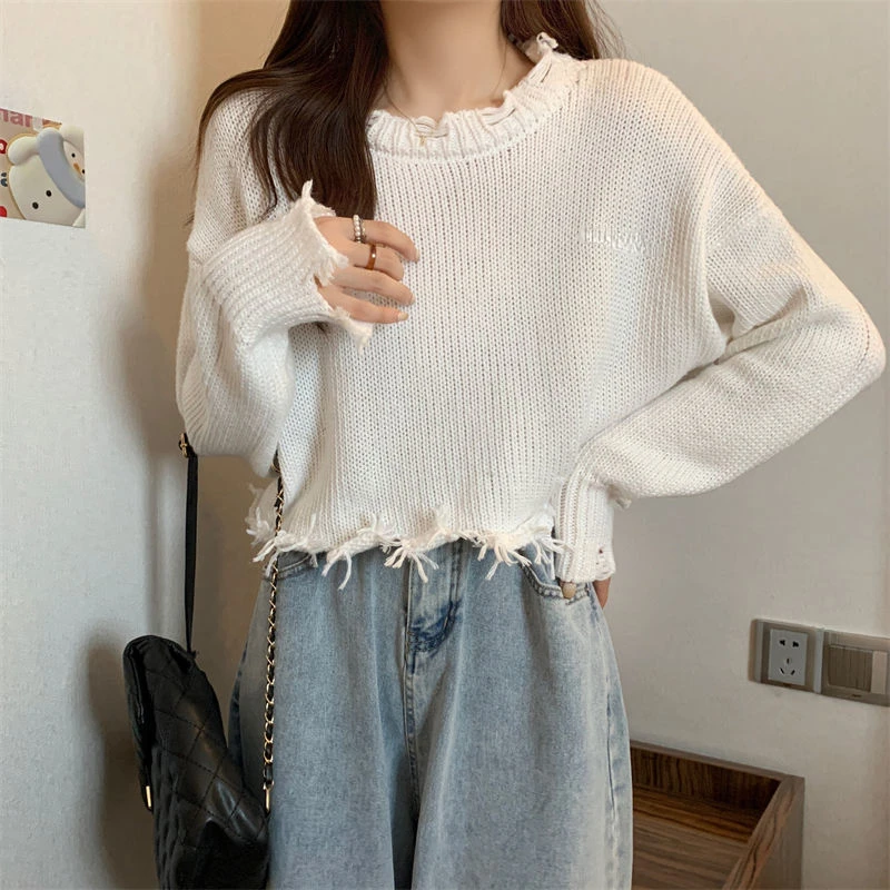 Hole Short Sweater High Waist Tassel Irregular Hem Women Pullover Long Sleeve Knit Top American Style Korean Fashion Hotsweet