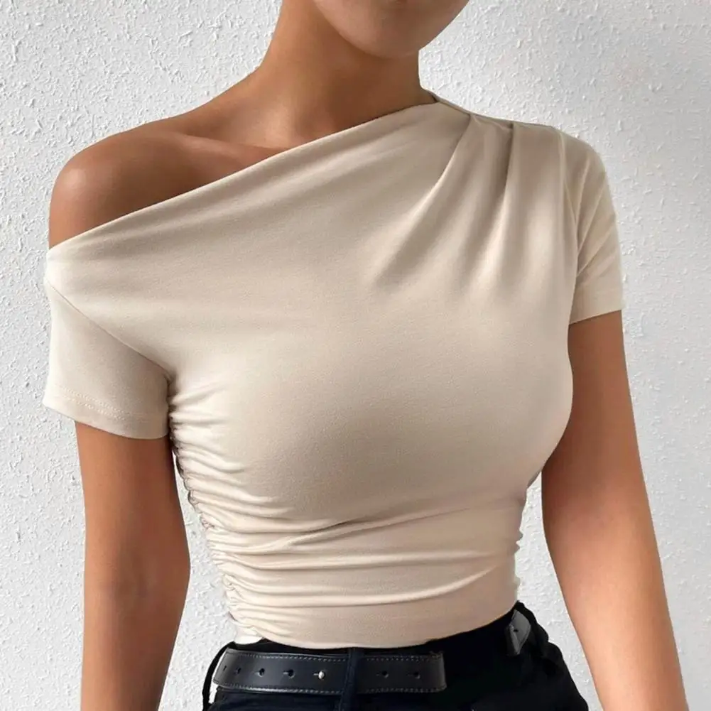 Summer New T-shirt Women Sexy Short Sleeve Fashion Tees Slash Neck Folds Crop Top Casual Streetwear Bodycon Solid Basic T-shirts