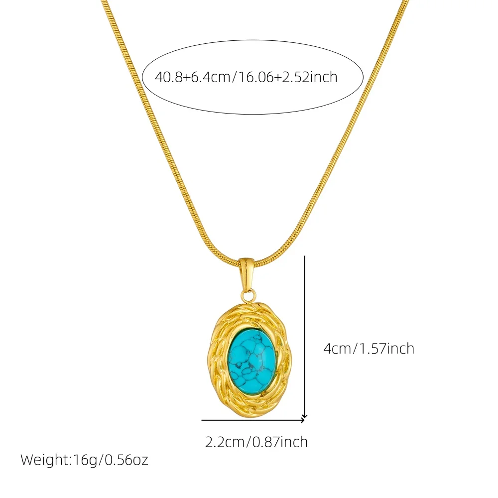 DIEYURO 316L Stainless Steel Golden Elliptical Inlaid Turquoise Pendant Necklace Earrings Ring Set Womens Fashion Jewelry Gift