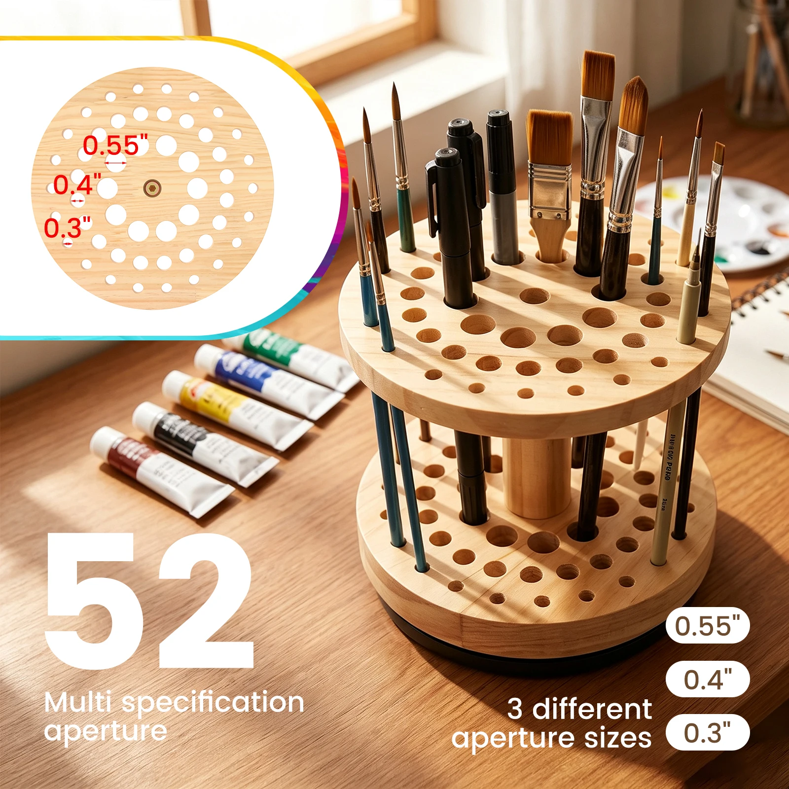 52 Slot Wooden Paint Brush Holder 360° Rotating Round Pen Holder Desk Organizer Pencil Paint Brushes Makeup Brush Storage Rack