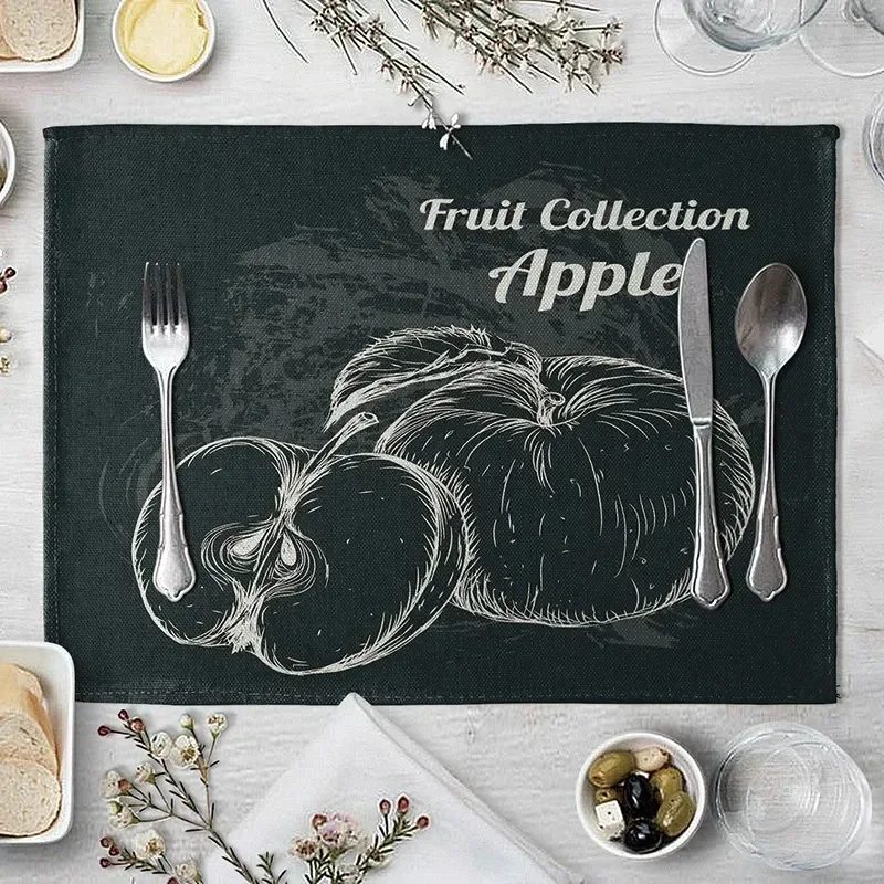 Black Table Mat Fruit Drink Pattern Kitchen Placemat  Creative Dining Coaster Linen Pads Bowl Cup