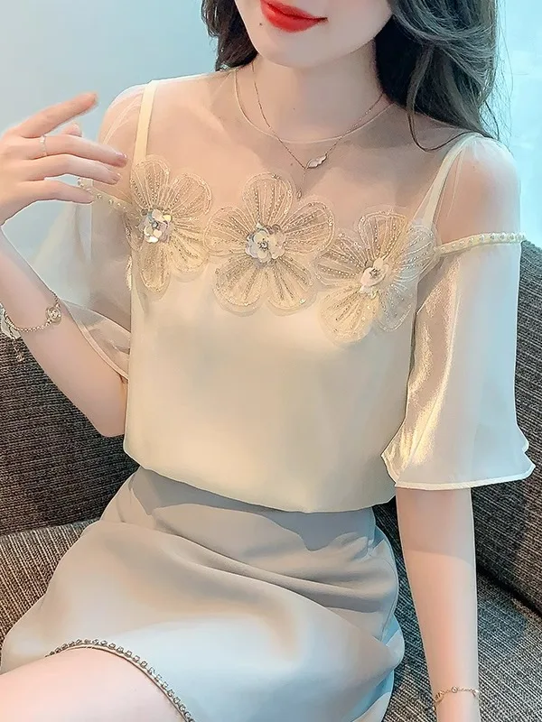 

Летняя женская блузка из шифона с уникальным дизайном, объемной 3D-вышивкой и бисером, скрывающая живот, из атласа Ele, с коротким рукавом