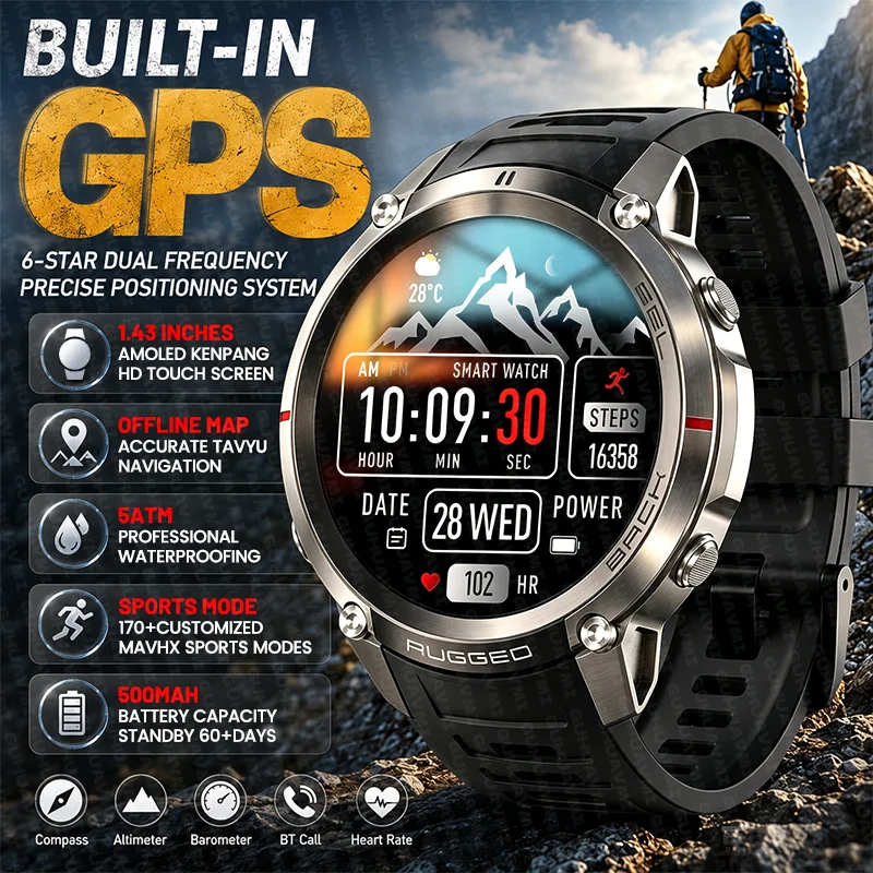 

New Outdoor Built-in GPS Men Sports Smart Watch Compass Altimeter Heart Rate 5ATM Waterproof Bluetooth Call AMOLED HD Smartwatch