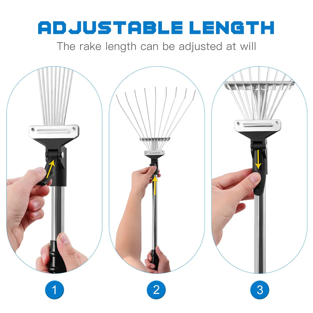 Telescopic Leaf Carbon Steel Head Retractable Garden Rake Tool For Yard Leaf Cleanup Metal Rake Plastic Anti-Slip Handle