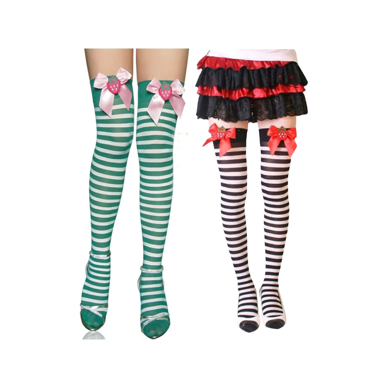 

Strawberry bow striped high stockings set (1 pair each of green and white + black and white stripes)