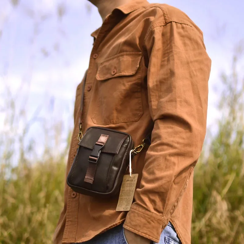 Leather Shoulder Bag Men's Cowhide Sling Bag Brown Crossbody Casual Magnetic Buckle Flap Shoulder Bags