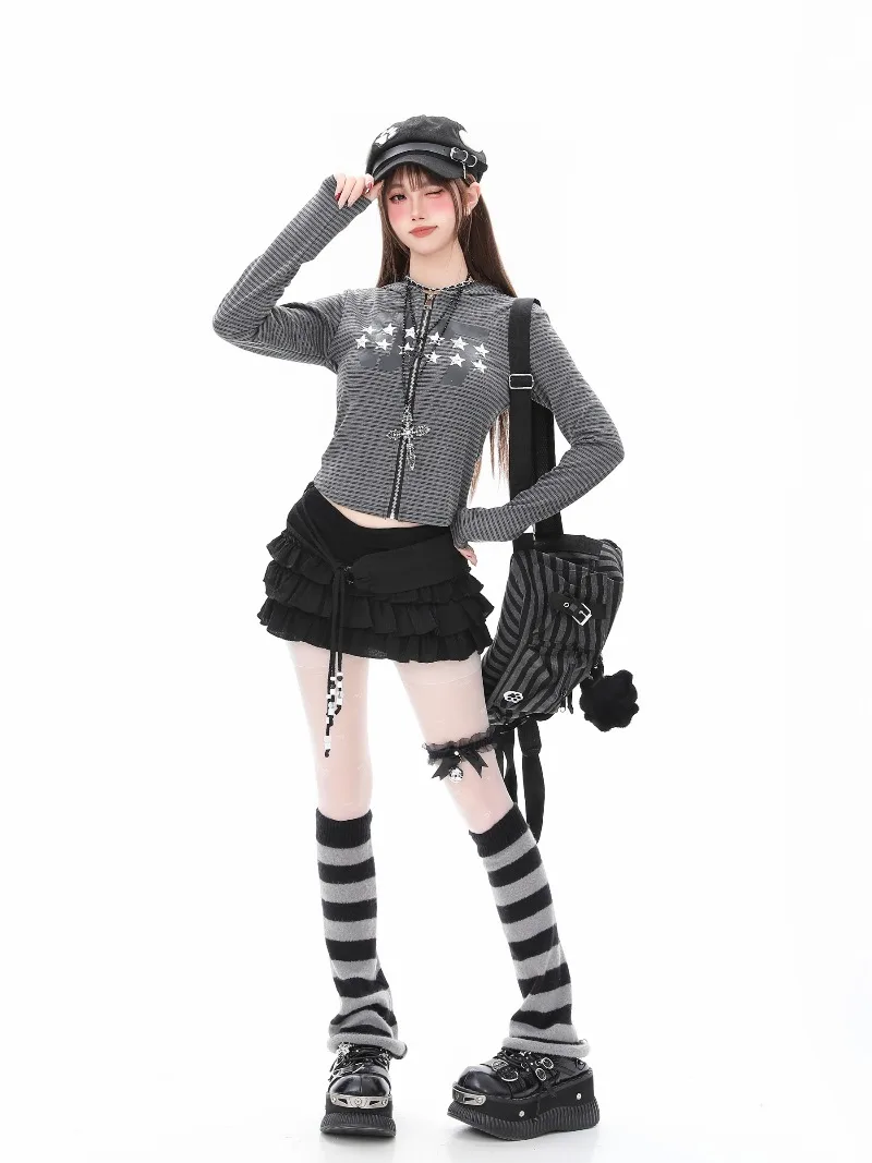 Unique Design Star Print Striped Sweatshirt Women's Clothes Autumn Slim Fit Versatile Zipper Short Long-sleeves Jacket Outerwear