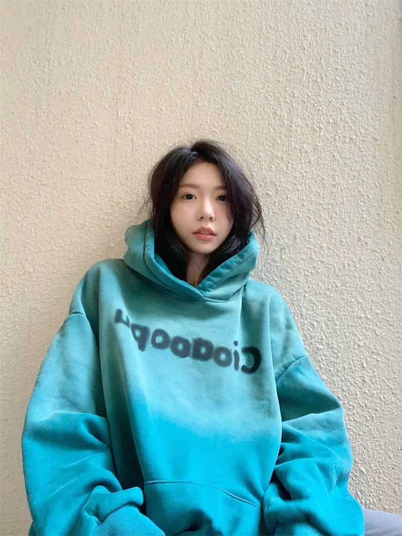 Hooded Sweatshirt With Gradient Green Tie-Dye Design Niche Trendy American Retro Women'S Autumn And Winter Hooded Sweatshirt