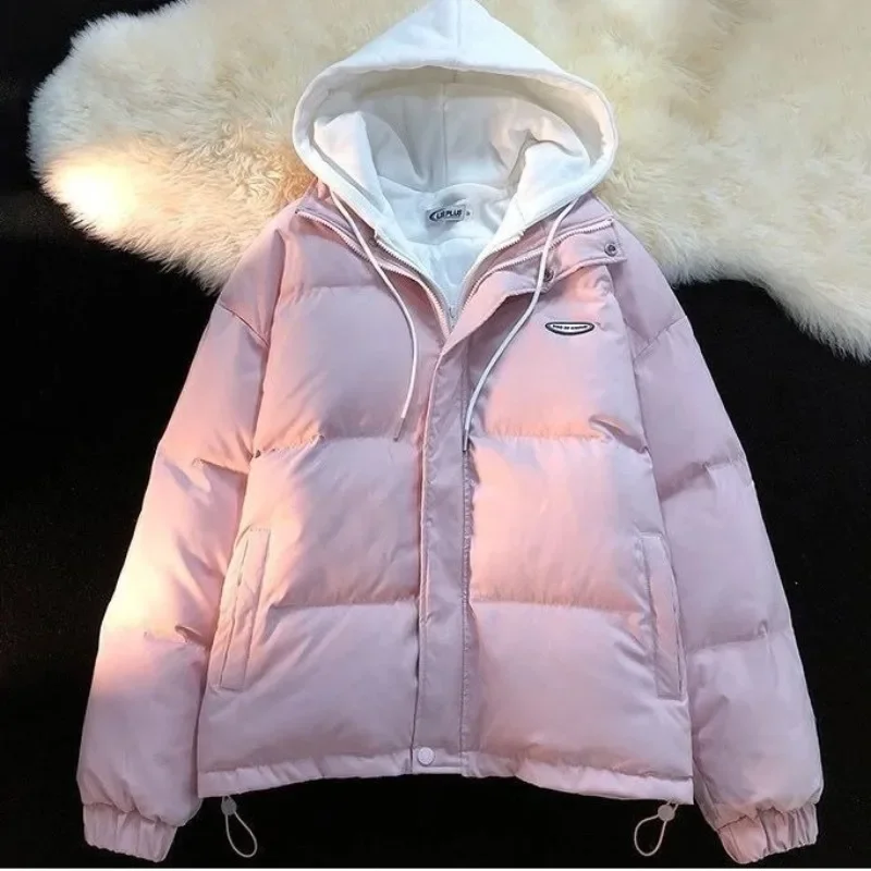 Women's Fake Two-Piece Hoodie Loose Cotton Coat, Thick Jacket Zippers Drawstring Warm Female Clothing Japanese Cute Winter 2025