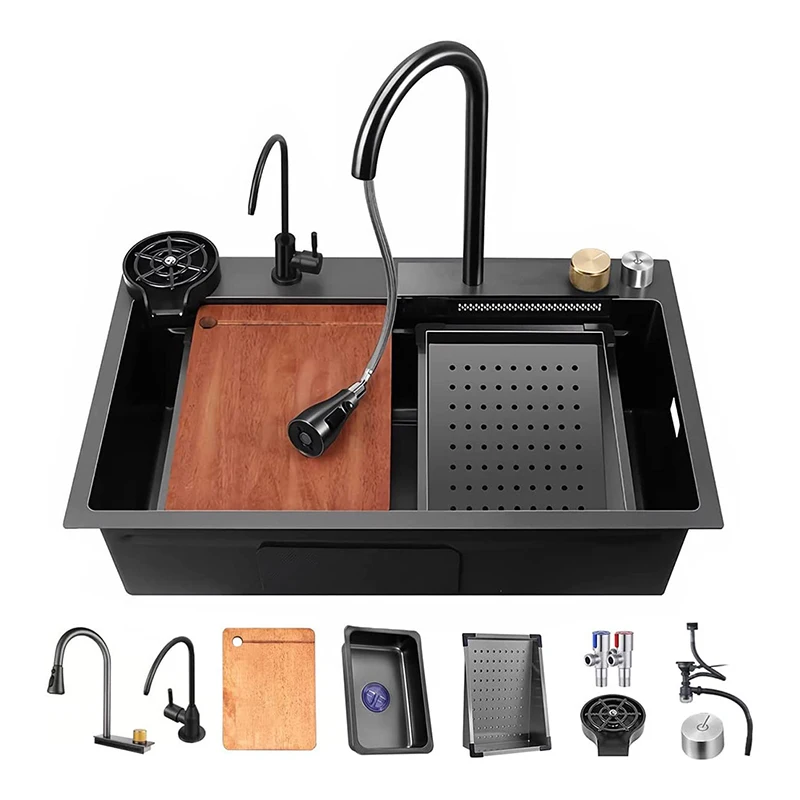 Waterfall Kitchen Sink 304 Stainless Steel Workstation with Pull Out Faucet Glass Rinser Nano Black Single Bowl Washing Basin