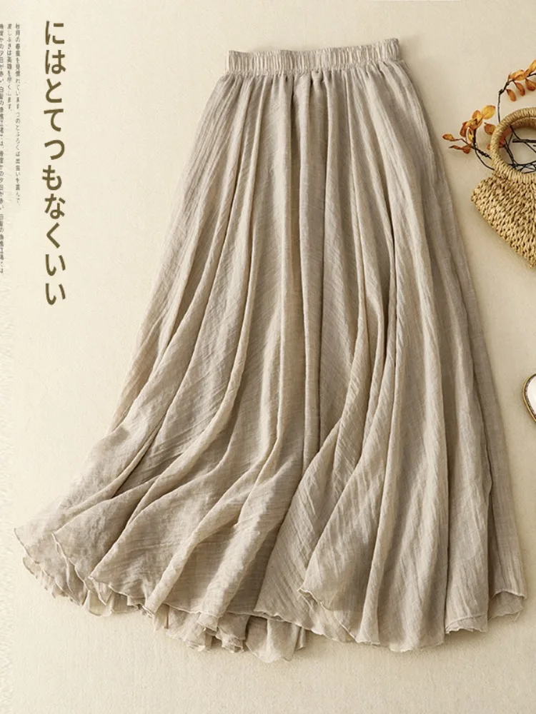 Casual Cotton Linen Pleated A-Line Skirt High Waist Midi Dress Summer Series Women's Fashionable Gown Fairy Skirt