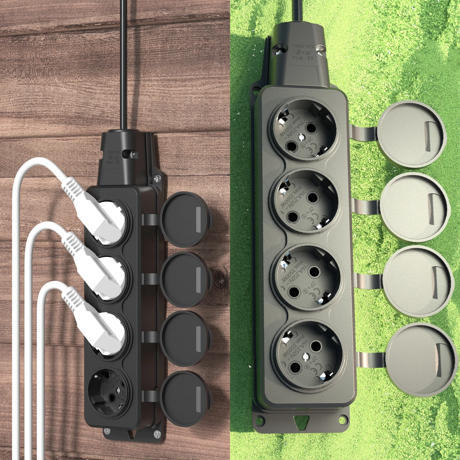 2pcs EU Outdoor Socket Waterproof Industry Power Socket with Rain Cover, 3/4-Way Outlet Power Strip IP54 for Garden Outdoor