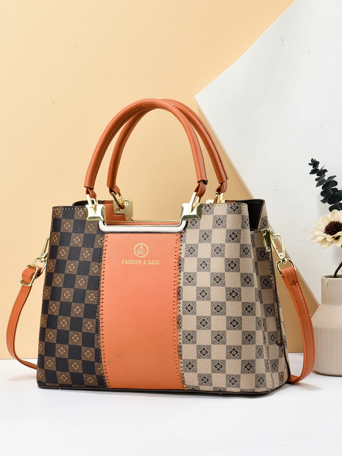 Plaid Pattern Shoulder Bag, Portable Handle Large Capacity Handbag, Detachable Strap Classic Shoulder Bag