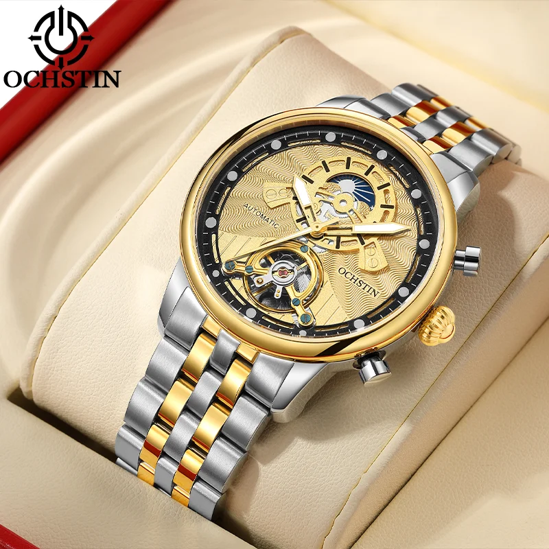 OCHSTIN Men's Luxury Skeleton Flywheel Mechanical Movement Watches Man Sturdy Polished Durable Steel Link Bracelet Wrist