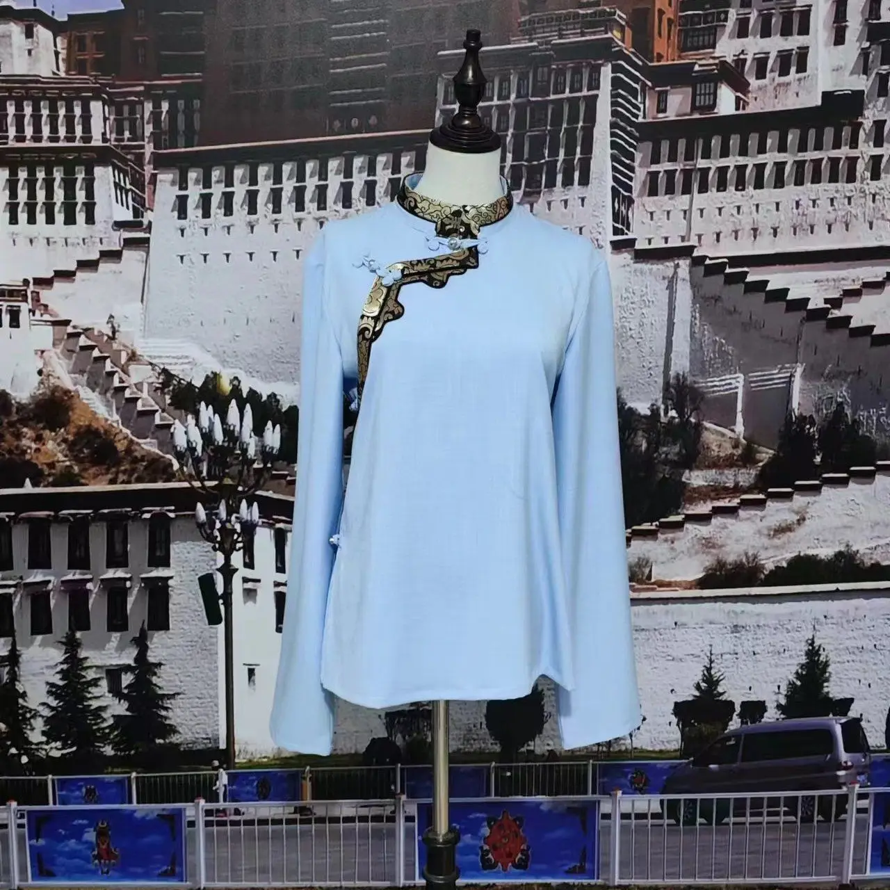 2024 티베트 신상 스탠드 칼라 긴팔 셔츠 남녀 동일 상의