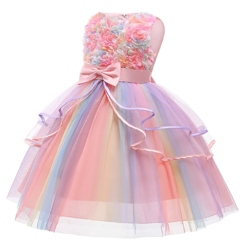 1 2 3 4 5 6 8 10 Years Flowers Baby Girls Dress Summer Rainbow Mesh Little Princess Dress Piano Performance Costume Kids Clothes