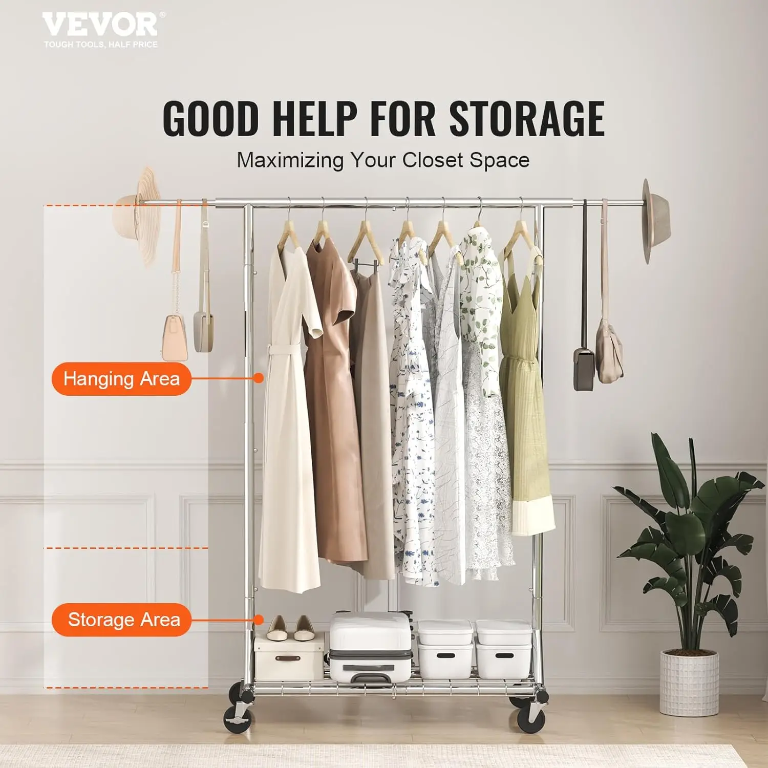 Perchero con ruedas, perchero resistente para ropa, perchero comercial para colgar ropa