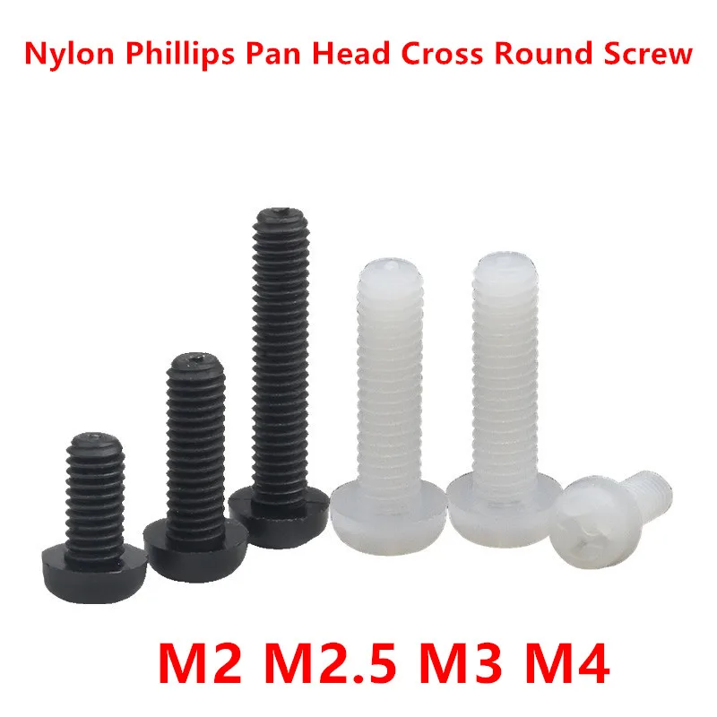 50pcs M2 M2.5 M3 M4 Metric Threaded Black White Nylon Plastic Phillips Pan Head Cross Round Machine Screw Bolt length 4mm-25mm