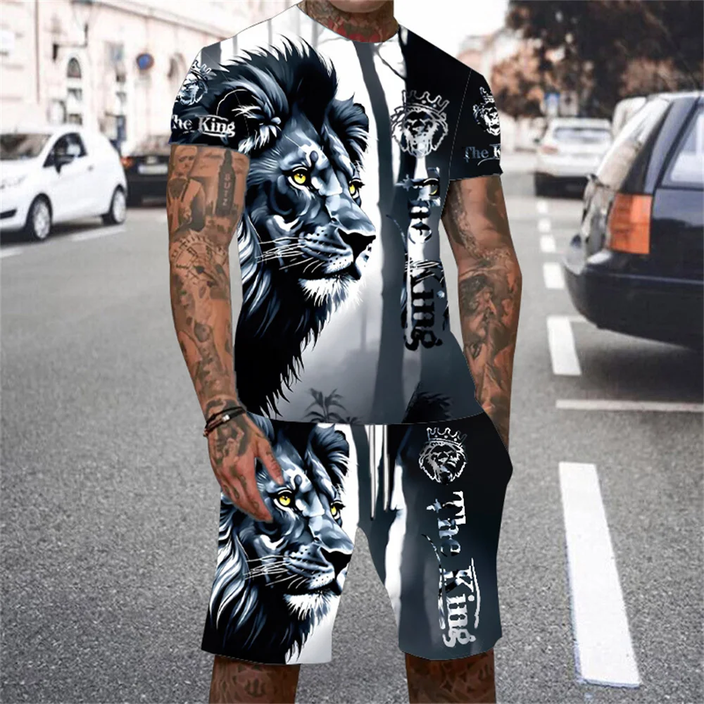 Men's Short-sleeved Pants Set Lion 3D Printed Personality T-shirt Men's Short-sleeved Casual Outdoor Sports Hunk Pull Rope Short