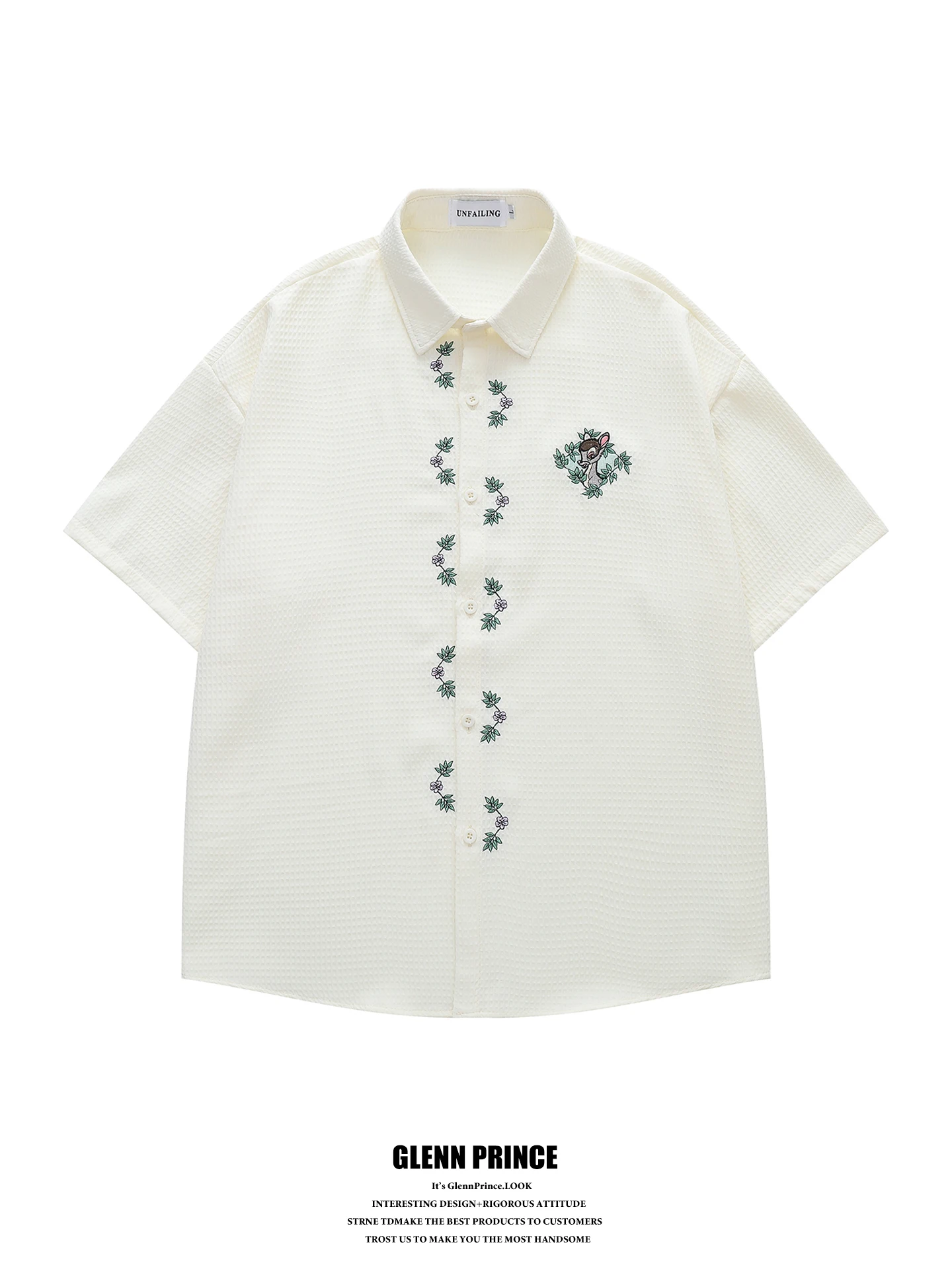 

Loose Men's Short Sleeve Shirt GPstudio Japanese Retro Deer Embroidery Waffle Pattern College Style Lazy BF Shirt Breathable ...
