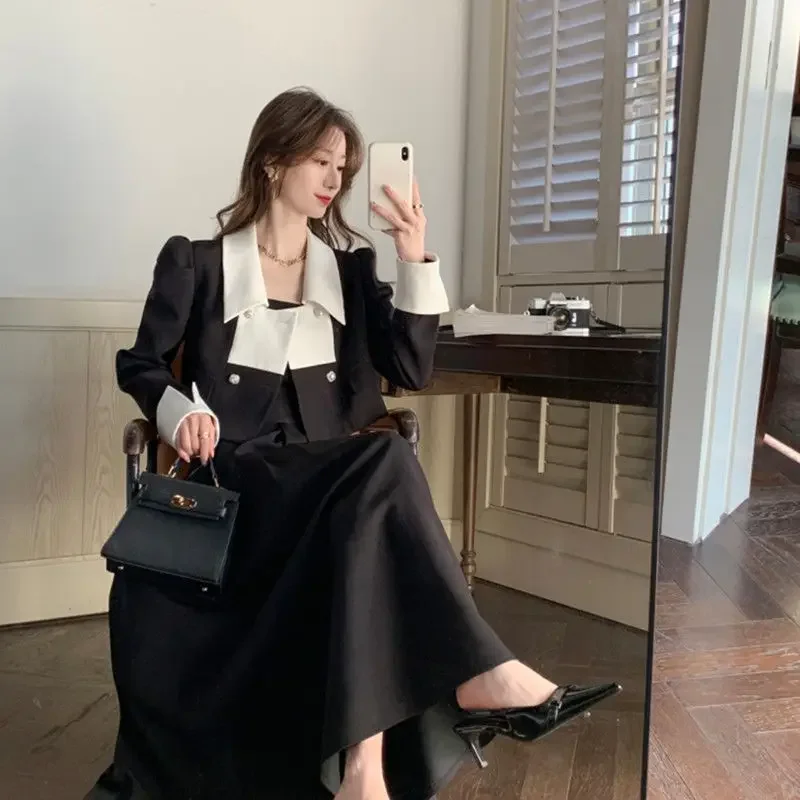 2023 Winter Elegant 2 Piece Skirts Set Women Slim Vintage Party Office Lady Korean Fashion Suits Y2k Crop Top + Midi Skirts Chic