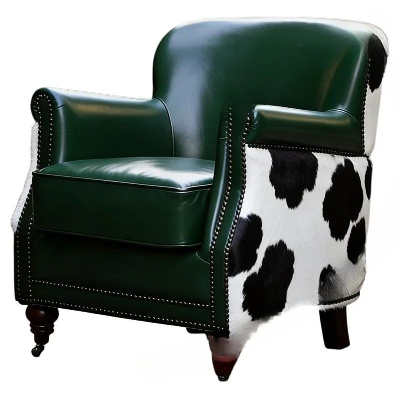 

American retro oil wax leather sofa single chair, living room light luxury rivet decoration single chair green