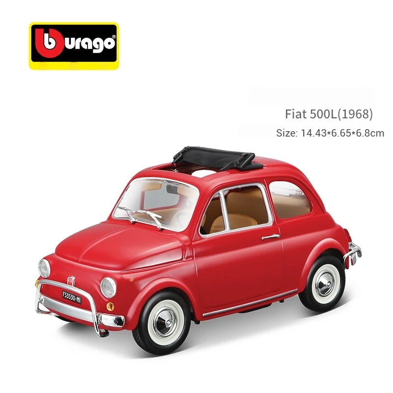 Bruago-neumático de goma de aleación estática para niños, modelo de coche Fiat 500f 1:24 1965, adorno para niños pequeños, colección de modelos de juguete