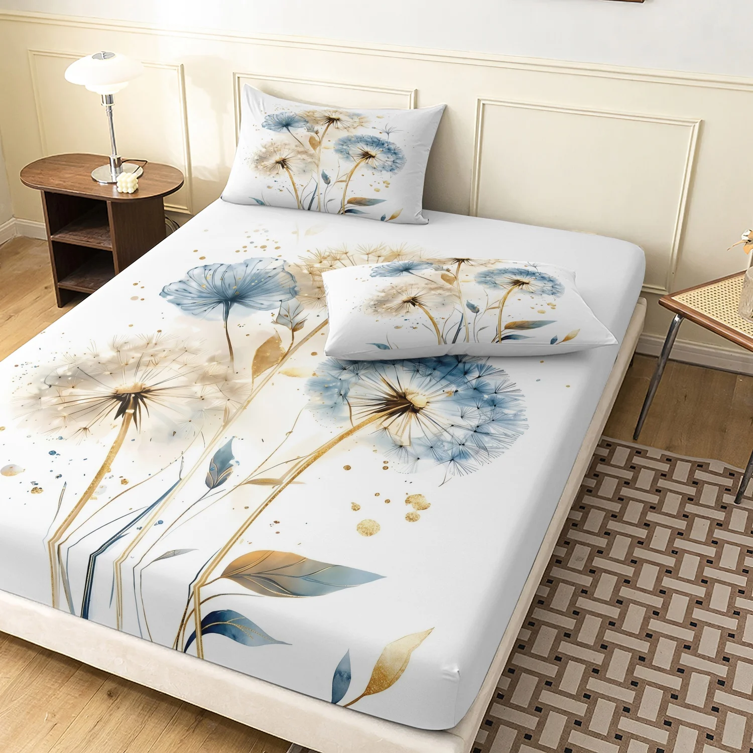 

3pcs Set Natural Watercolor Dandelion Fitted Sheet, Botanical Floral Printing Themed Bed Sheets For Themed Hotel Dorm Decoration