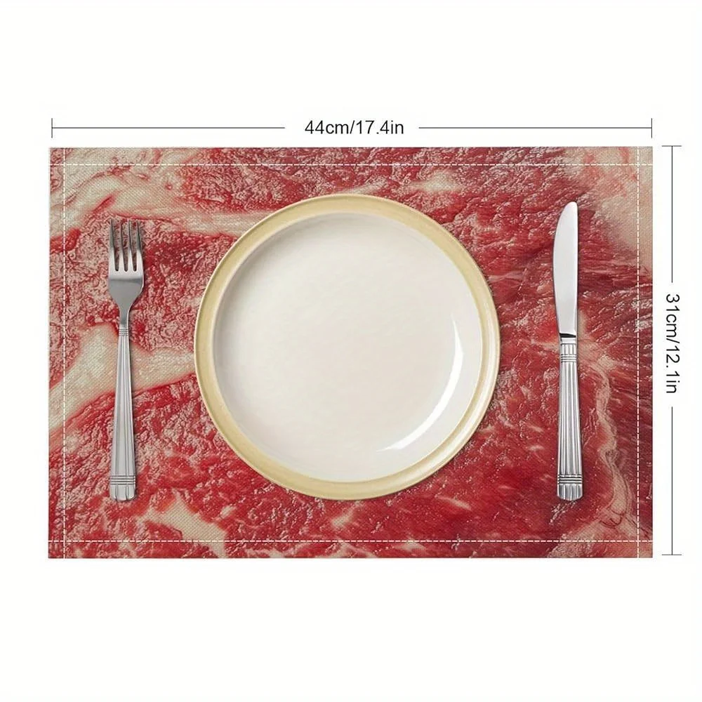 Novelty Beef Meat Pattern Placemats Set of 4 Realistic Steak Print Heat Resistant Table Mats for Kitchen Dining Fun Decor