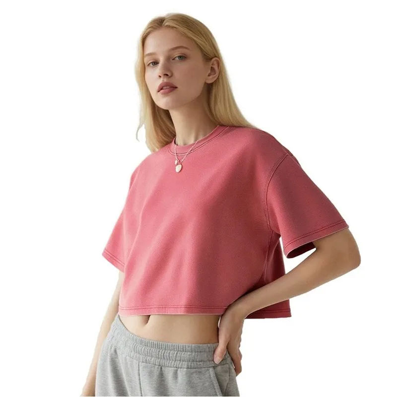Short Women Clothing Distressed Washed T-shirt Trendy Brand Stir-fried Snowflake Pure Cotton 240g Crop Top Short-sleeved T-shirt
