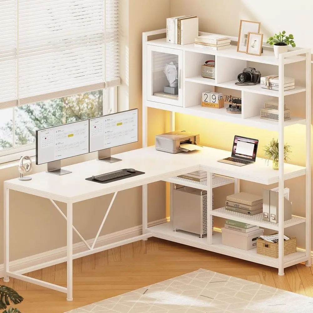 

White 58 L-Shaped Computer Desk with LED Light, Storage Shelves, and Bookshelf for Home Office or Gaming