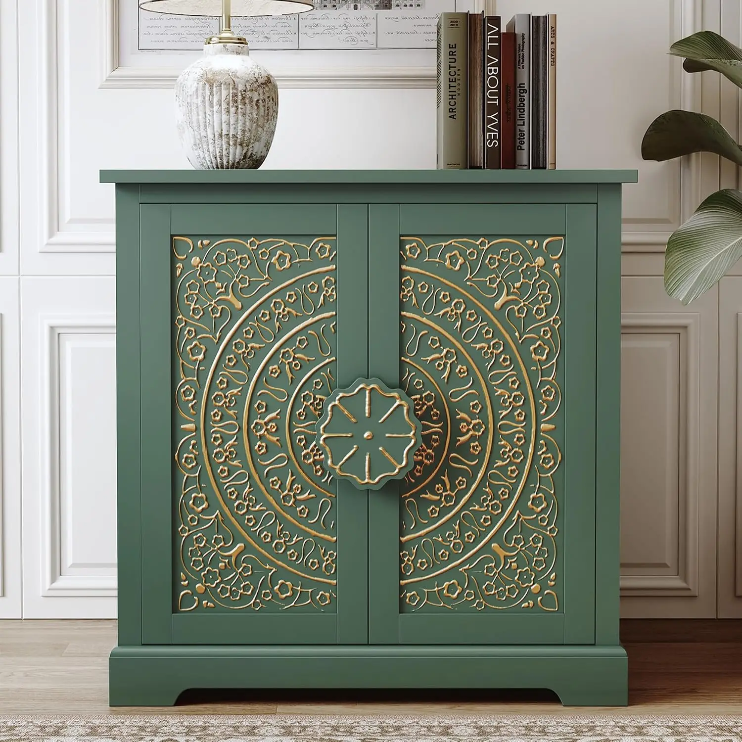 Embossed Accent Cabinet Gold Floral Pattern 2 Doors Green, Customized