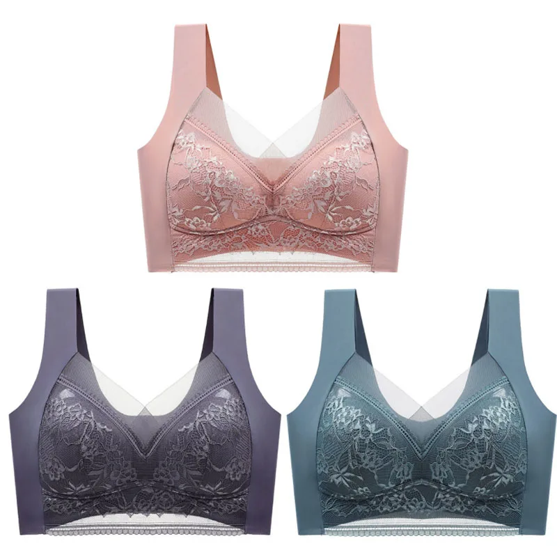 

3pcs Women Lace Plus Size Bra Basic Anti Sagging Thin Vest With Padded Female Brassier Lady Ice Silk Seamless Comfort breath Bra