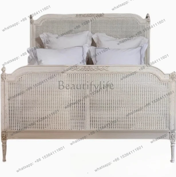

French retro old rattan bed American carved solid wood double 1.5m rattan bed