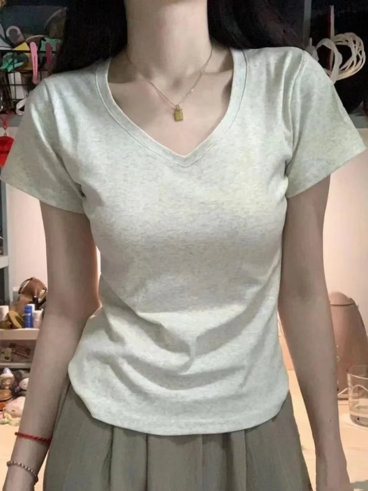 Fashion Women T-shirt Summer Short SLeeve Cotton V-neck Casual Tops Elegant Solid Color Clothing