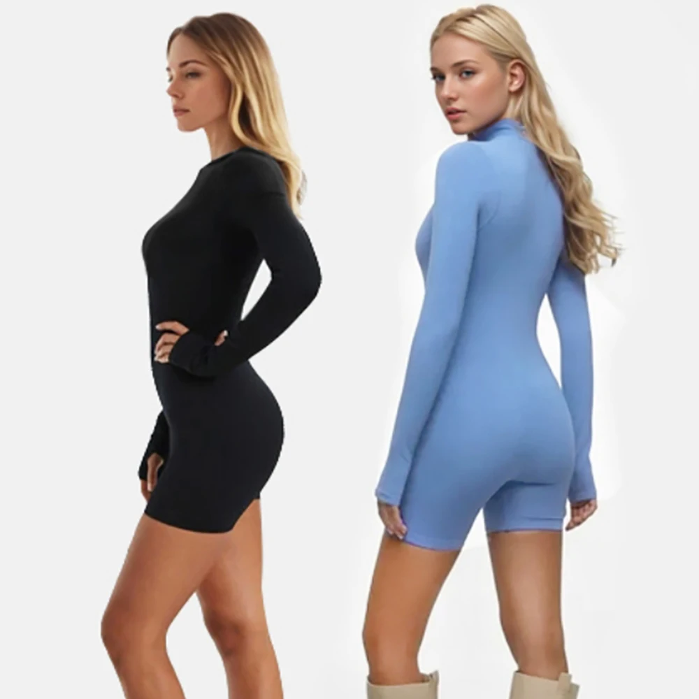 SPEERISE Women Long Sleeve One Piece Jumpsuit Short Pants Leotard Romper Sexy Zip Front Workout Bodysuit Athletic Casual Yoga