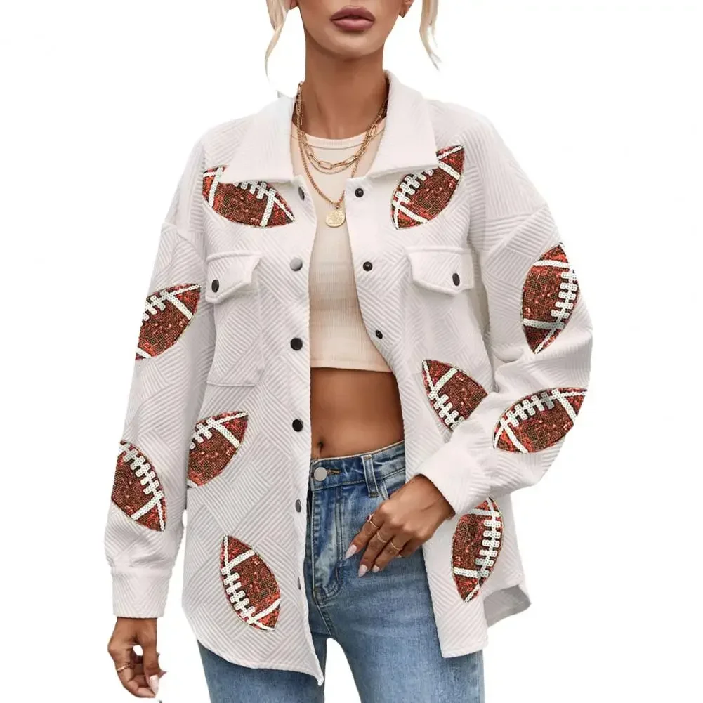 Spring New Tops Sequin Rugby Ball Pattern Women Coat Turn-down Collar Patch Pockets Mid Length Casual Female Jacket