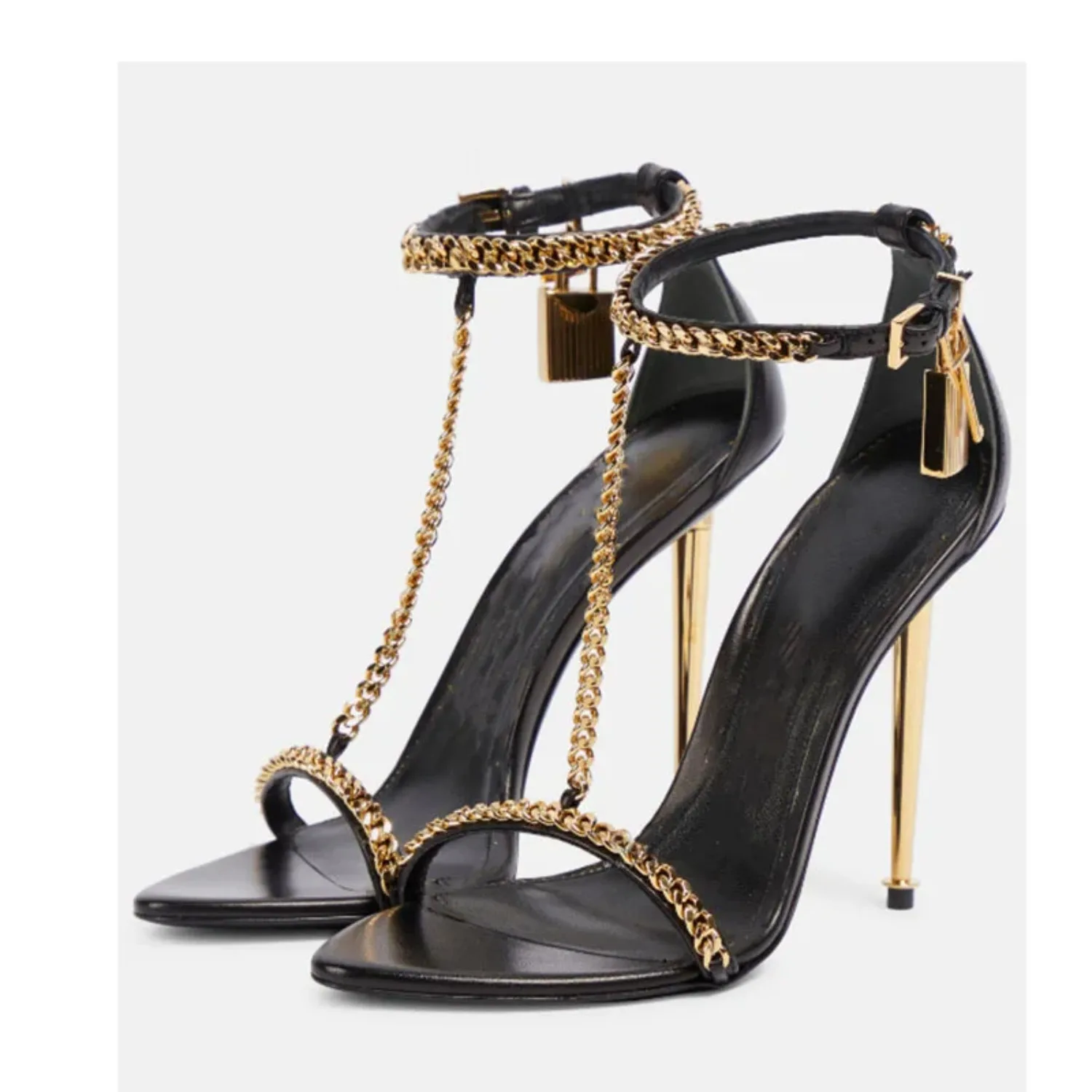 New European Style Women Gold Metal Chain One Strap Pointed Toe Stiletto High Heel Open Toe Sandals For Party Daily Wear