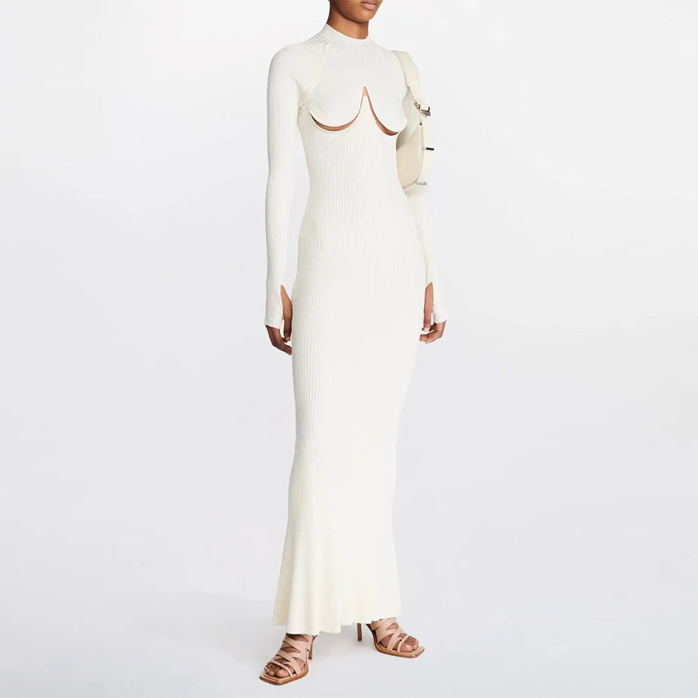 TWOTWINSTYLE, vestidos elegantes de punto con corte liso para mujer, cuello redondo, manga larga, cintura alta, vestido Midi adelgazante, moda femenina