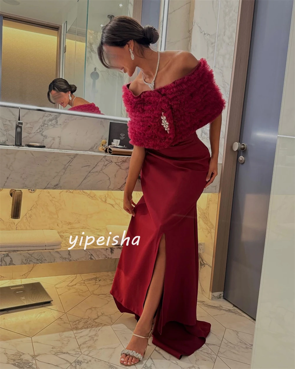 Formal Classic Jersey Rhinestone Pleat Ruched Mermaid Off-the-shoulder Long Dresses Quinceanera Dresses Sizes Available Casual