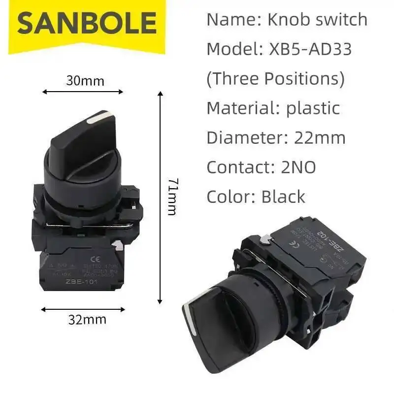 مقبض/مفتاح XB5 مجموعة مفتاح زر دوار اتصال فضي AD33 AG21 محدد موقعين/ثلاثة أوضاع أسود NO NC #3
