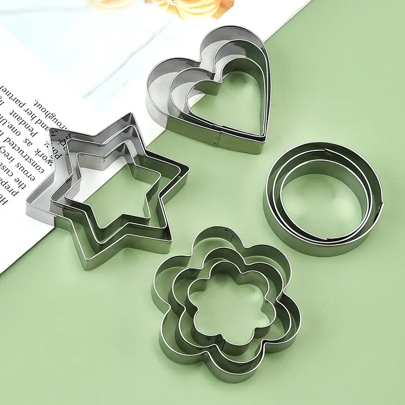 12 Pcs Stainless Steel Cookie Cutters, Flower Heart Circle Star Baking Mold DIY