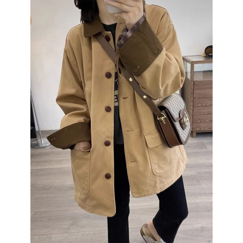 Contrast Single Breasted Small Mid Length Style Windbreaker Coat Women\'s Autumn New Casual Work Coat