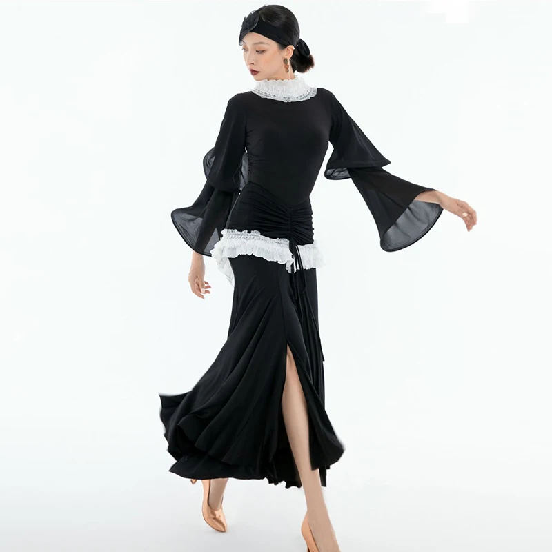 فستان الفالس فستان قاعة الرقص الأسود القياسي ممارسة الرقص الحديث الزي شق تنورة مضيئة كم ارتداءها ملابس الرقص النسائية 1391