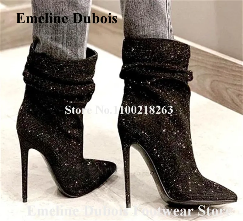 Bling Bling Black Rhinestones Short Boots Emeline Dubois Sexy Pointed Toe Shining Crystals Stiletto Heel Ankle Booties Heels