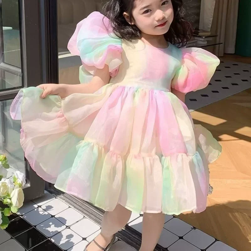 

New Summer Elegant Clothes Girls Princess Tulle Dress Kids Puff Sleeve Mesh Dress Children Birthday Party Ball Gown Dresses 2025