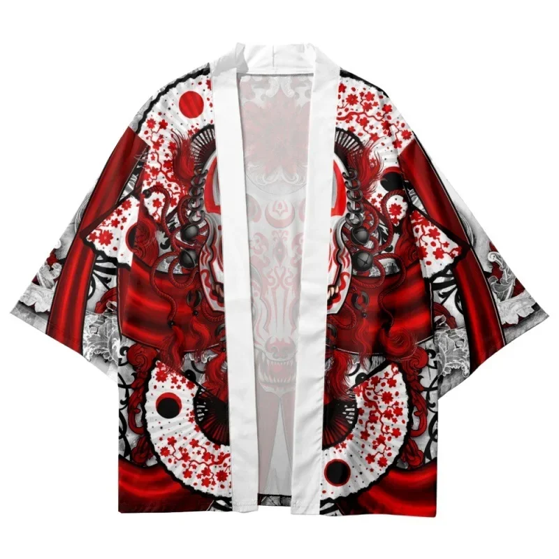 Japanese Fox Samurai Print White Kimono Streetwear Cardigan Beach Yukata Men Women Cosplay Haori Harajuku Tops Asian Clothing