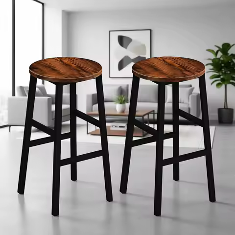 Set of 2 Round Bar Chairs with Footrest, 24.4 High, Industrial Style, Easy Assembly, Suitable for Kitchen or Dining Room, Rustic