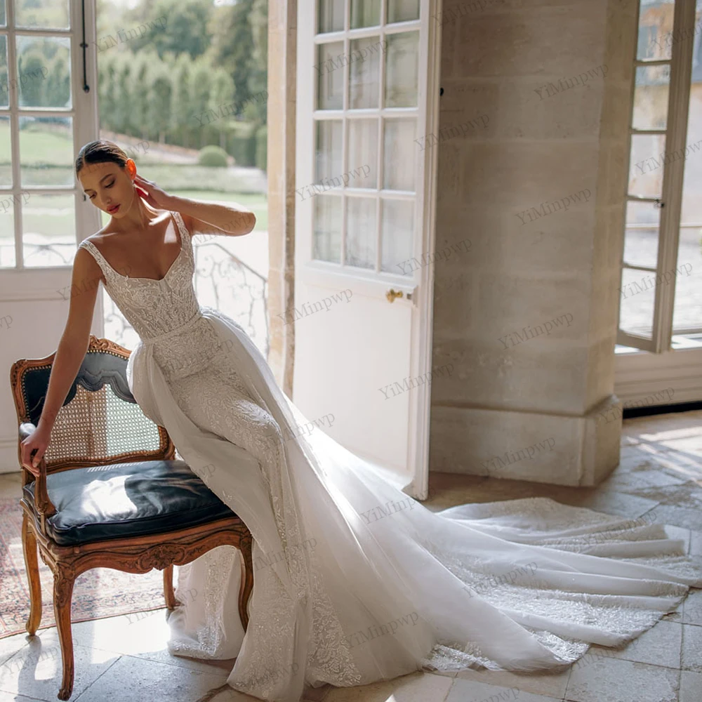 Vestidos De novia De sirena con tirantes finos con tren desmontable Vestido De novia De lujo Sereia bata con cuentas Mariage personalizado